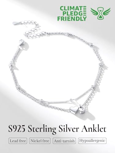 Image of SILVERCUTE Silver Anklets for Women, Waterproof Initial Heart Ankle Bracelets Sterling Silver, Adjustable Layered Foot Jewelry Summer Beach Fashion with Personalized Name Design, Gift Package