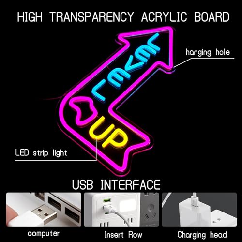 Image of Level Up Neon Sign for Gamer Room, Dimmable Game Neon Sign | LED Gaming Light Up Sign for Man Cave, Game Room, Bedroom, Party Decor, Gifts for Gamers, Boys & Teens, USB Powered