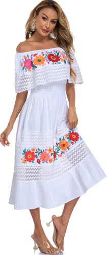 Image of YZXDORWJ Women Embroidered Mexican Peasant Casual Sexy Lace Off-Shoulder Long Dress