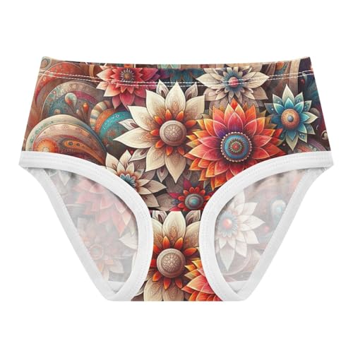 Toddler Panties, Boho Paisley Flowers Beige Cotton Girls Underwear, 2–8 Years