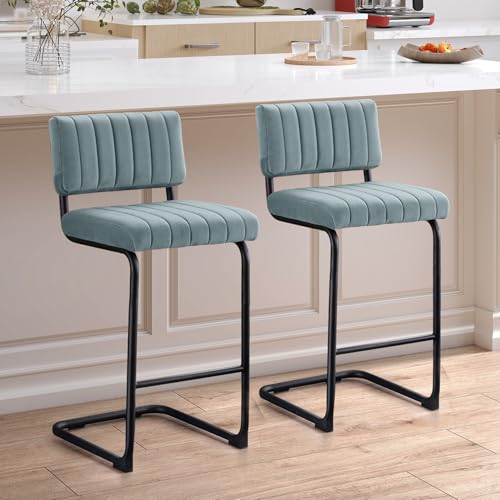 Image of ONEVOG Modern Counter Height Stools with Velvet Backrest, 24Inch Solid Metal Legs Bar Stool Set of 2, Barstools for Kitchen Dining Party, Sturdy Bar Chairs (Blue)