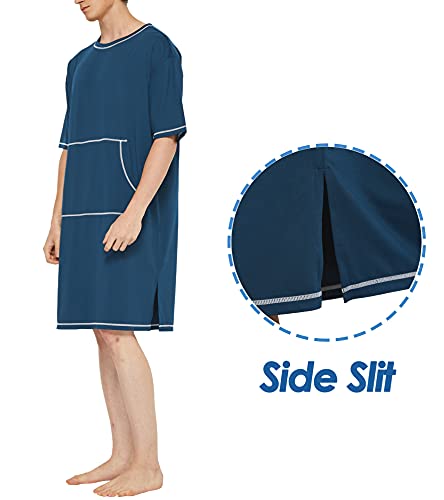 Slimour Men's Nightshirts With Pockets Men Nightgown Long Men Sleeping Shirt Short Sleeve Navy L #TOP3
