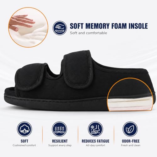 TIESTRA Men's Diabetic Sandals,Adjustable Wide Open Toe House Slippers for Swollen Feet, Breathable Linen Insole,Memory Foam Cushioning,Non Slip Indoor Outdoor Comfort Shoes Black EU44/US11 by TIESTRA - Used condition - Image 6