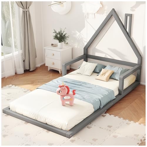 Wyibwy Cama de madera 90 x 200 cm en forma de casa, cama con somier de láminas, cama baja para niños, cama baja para niños, cama de bebé, cama sin colchón, para niño, gris