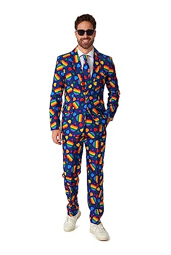 OFFSTREAM Traje de Hombre - Traje Corazones Arco Iris - Disfraz para el día de Orgullo Gay LGBTQ - Incluye Blazer, Corbata y Pantalón