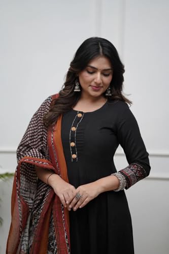 Image of ANNI Designer Women's Rayon Viscose Printed Anarkali Kurta with Pant & Dupatta | Long Flared Ethnic Kurta Set for Women | Festive, Party & Traditional Indian Wear