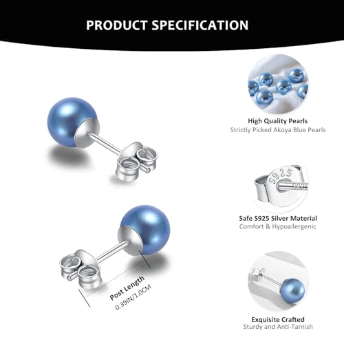 Round Akoya Pearl Stud Earrings in Cultured Blue/Golden/Grey Pearls with 925 Sterling Silver, Hypoallergenic - Luxurious Jewelry Gift for Women on Anniversary, Birthday, Mother's Day2