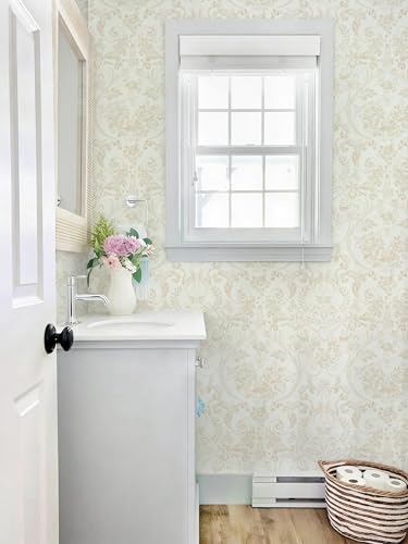 Ismoon Floral Peel and Stick Wallpaper Vintage Beige Contact Paper Watercolor Damask Wallpaper Boho Waterproof Removable Self-Adhesive Wall Paper for Bedroom Shelf Cabinet Décor 17.3in x 6.56ft — view 6