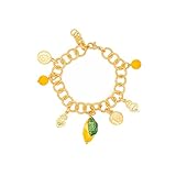 [Design] - Schönes goldenes armband mit gelben und grünen keramik-zitronenornamenten, münzen, herzen und bernsteinkugeln. Einzigartiges und besonderes design, es ist leicht, bequem und fröhlich.