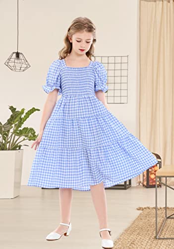 Hopekitt Girls Dress Summer Puff Sleeve Plaid A Line Casual Flowy Smocked Midi Dresses Blue 6 Years #TOP5