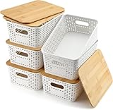 Cestas de Plástico con Tapa de Bambú, Pequeños Contenedores Apilables, Cestas de Almacenaje para Organizar Estantes...