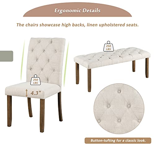 Knocbel Farmhouse Rectangular Dining Table Bench And Chairs, 6-Piece Kitchen Dining Room Table Set With Upholstered Button Tufted Chairs & Bench, Standard Height (Walnut And Beige) #TOP3