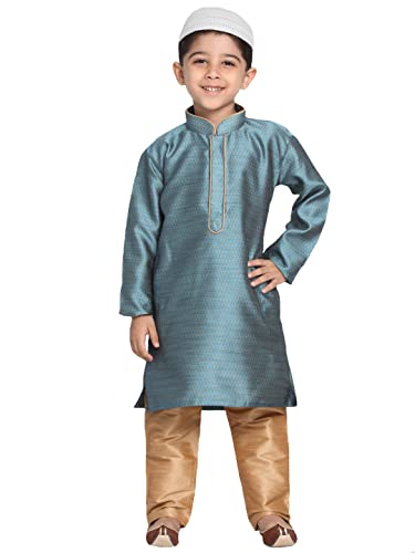 Image of VASTRAMAY Boys' Azure and Rose Gold Silk Blend Kurta Pyjama Set with Cap-VASBK047AQnPRGnC 14