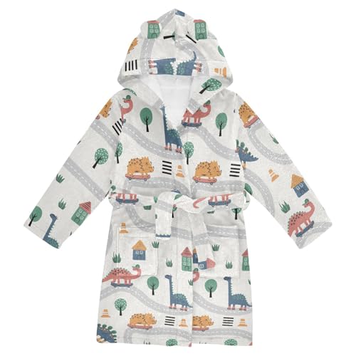 WIFIU Toddler Baby Hooded Bathrobe for Boys Girls Halloween Autumn Pumpkins Dice Dinosaurs Road Map Cartoon Printed, Soft Plush Bath Towel Robe with 2 Pockets for 4-6 Years