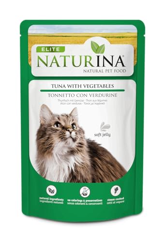 NATURINA - Elite Umido per Gatti Tonno con Verdurine, Cotto al Vapore e Conservato in Morbida gelatina (soft Jelly), Senza Conservanti e Coloranti Sintetici, per Tutte le Taglie, 24 Bustine da 70g