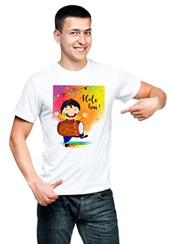 Image of Knitted Polycotton Fabric Regular Fit Men Boys Half Sleeve T-Shirt for Festival of Holi Style 10 White Size : Free