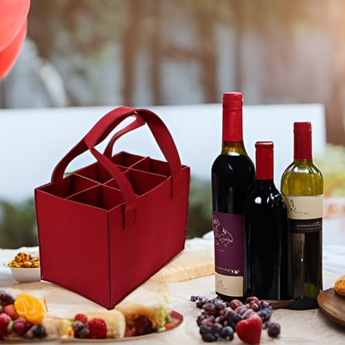 6 Bottle Wine Carrier with Divider Felt Wine Storage Tote Bag, Portable Reusable Wine Travel Bag with Handle for Christmas Travel Camping Picnic Party (Red)