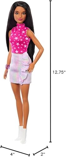 Miniatura 7 de Barbie Fashionistas Doll #215 con pelo liso negro, parte superior con estampado de estrellas rosas y falda iridiscente, muñeca coleccionable de moda
