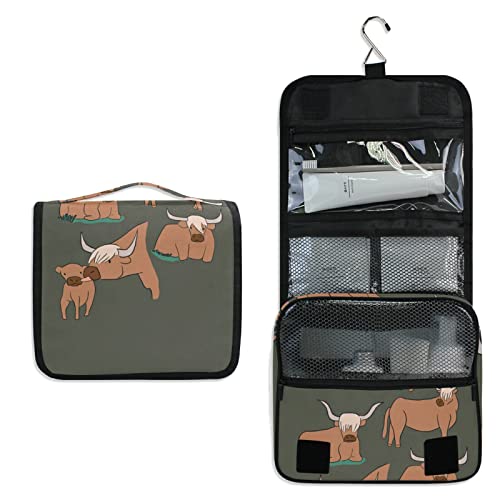 Brown Highland Cows Collection Scottish Breed on Dark Green Travel Cosmetic Bag, Hanging Toiletry Wash bag, Portable Makeup Organizer Brush Case, Storage Bag with Hook for Bathroom Toilet