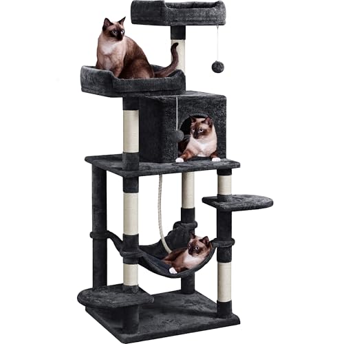 Yaheetech Kratzbaum 150 cm Katzenkratzbaum mit 2 Kuscheligen scheligen Aussichtsplattformen Sisal Katzenmöbel Kletterbaum für große Katzen, Schwarz