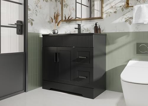 Image of eclife 36 inch Bathroom Vanities Sink Combo with Painted Surface, Modern Drawered Cabinet W /Decorative Wave Lines, Undermount Black White Sink, Matte Black Faucet Drain, Black