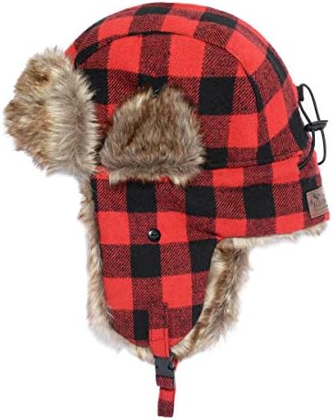 Igloos Mens Wool Blend Trapper Hat, Faux Fur Earflaps, Red Buffalo Plaid, Large/X-Large
