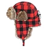 Igloos Mens Wool Blend Trapper Hat, Faux Fur Earflaps, Red Buffalo Plaid, Large/X-Large