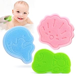 Baby Bath Sponge, Natural Cute Shapes Soft Shower Sponges for Bathing, Bathtub Foam for Infants and Toddler, 3pcs : Blue Dolphin, Pink Shell, Green Turtle
