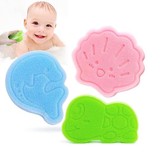 Baby Bath Sponge, Natural Cute Shapes Soft Shower Sponges for Bathing, Bathtub Foam for Infants and Toddler, 3pcs : Blue Dolphin, Pink Shell, Green Turtle