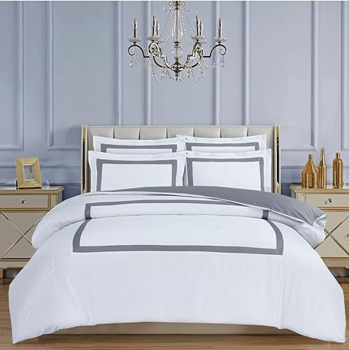 Majestic Giftware Madison Linen 8-Piece Full Size Duvet Bedding Set (BL4-F-8) | Province Hotel Collection-White-Gray Tape 400 TC Cotton Sateen | 2 Fitted Sheets, 2 Duvets, 4 Pillowcases