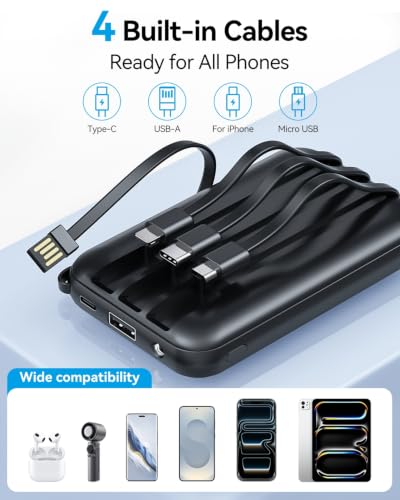 Tikeyo Portable Charger Power Bank 12000mAh(22.5W, Built-In Cables) Smaller | Charge 5 Devices,LED Display,Flight-Safe, Travel Essentials, Flashlight, for iPhone 17/16/15/14, Samsung, Switch and more - image 4