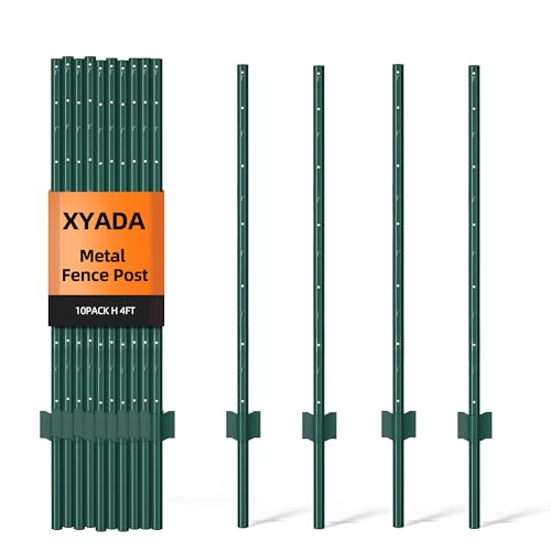 XYADX Metal Fence Post 4feet, Heavy Duty Garden Fence Post for Holding Wire Fence, Sign U Post Pack of 10 Sturdy Outdoor No Dig Fence Post for Garden Yard – Green