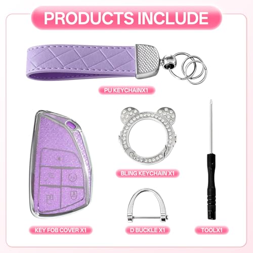 Avalessia for Chevy Key Fob Cover with Keychain,5 Buttons Soft TPU Protector Bling Car Keys Case Shell Compatible with 2021-2024 Chevy Tahoe Suburban GMC Yukon Silverado Buick Smart Key(Silver Purple) — view 3