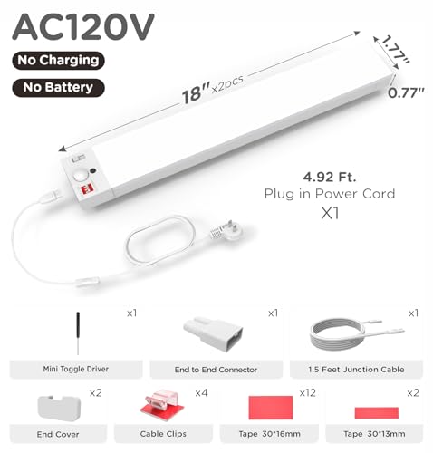 Mscals Under Cabinet Lighting Plug in, AC120V 3CCT 3000/4000/5000K Motion Sensor Light Indoor with Timer, Super Bright Linkable LED Counter Light for Kitchen, Closet, White 18 Inch, 2Pack by Mscals - Used condition - Image 9