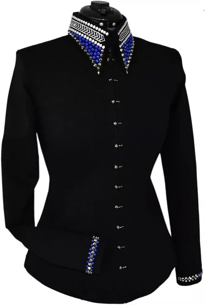 Western Women's Showmanship Shirt Black Equestrian Outfit for Women Glass Stone Embedded Handmade Embroidery