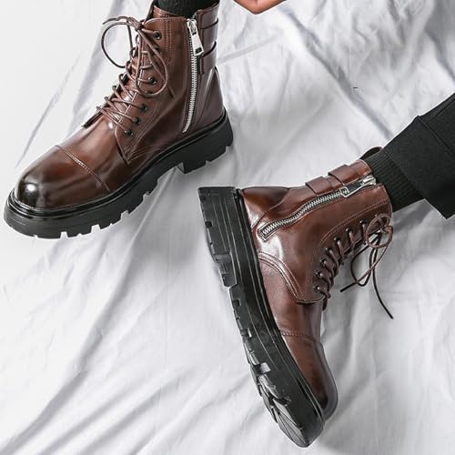 Men's Leather Lace-Up Platform Zipper Combat Botas Fashion Round Head Buckle Strap Lug Bottom Waterproof Chukka Booties Comfort Non-Slip High Top Casual Motorcycle Ankle Boots4