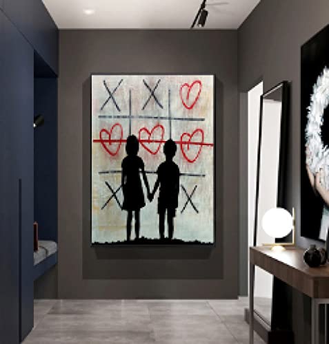 Toile graffiti garçon et fille tenant mains pour mur de maison
