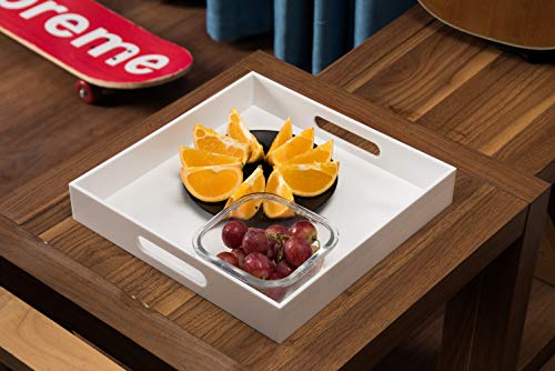 Glossy White Sturdy Acrylic Serving Tray With Handles-12X12Inch-Serving Coffee,Appetizer,Breakfast,Butler-Kitchen Countertop Tray-Cosmetics Organizer-Vanity Table Tray-Ottoman Tray-Decorative Tray #TOP6