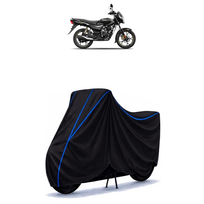Image of Bajaj Platina 110 Drum Bike Cover Water Resistant Universal Motorcycle Rain | Heavy Duty UV Protection, Dust, Scratch Indoor Outdoor All Weather with Black Blue Piping Elastic