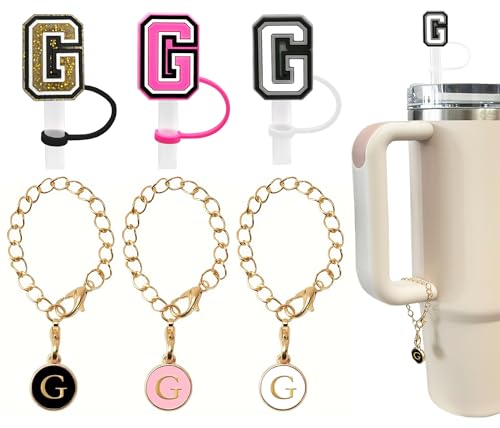 （3 +3) 3PCS Nuozme Straw Cover 10mm For Stanley Tumbler Cup Reusable Straw Cap Topper with 3 Initial Letter Charms Accessories Name ID Personalized Handle Charm For Stanley 30&40 Oz Cup Tumbler