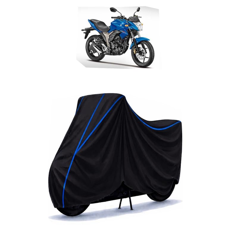 Image of Suzuki Gixxer 155 Bike Cover Water Resistant Universal Motorcycle Rain | Heavy Duty UV Protection, Dust, Scratch Indoor Outdoor All Weather with Black Blue Piping Elastic