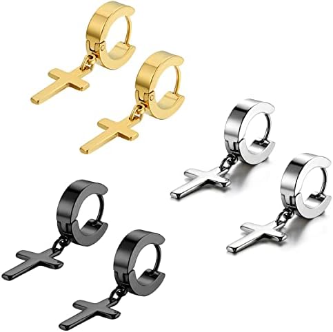 Flongo Men's Womens 6PCS Vintage Stainless Steel Cross Dangle Hinged Hoop Earrings, Stainless Steel Hoop Huggie Earrings Cross Drop Dangle Earrings