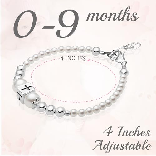 Image of Baby Crystals Personalized Baptism Pearl Bracelet for Girls, White Simulated European Pearls, Sterling Silver Cross Charm Initial Bracelet, Handmade Baptism Gifts for Girl, Girls Jewelry