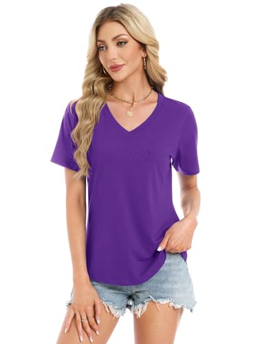 Womens Summer Tops Short Sleeve V Neck T Shirts Loose Fit Blouses Work Plus Size Tunic Vacation Boho Outfits, Dark Purple 3XL — view 2