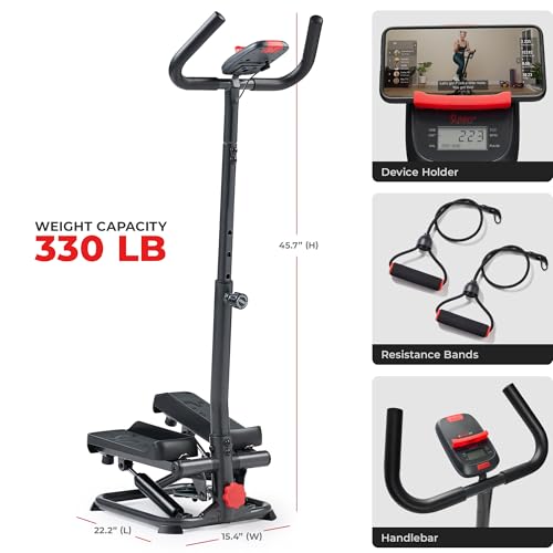 Image of Sunny Health & Fitness Total Body 2-in-1 Smart Stepper Machine for Home with Handlebar and Resistance Bands