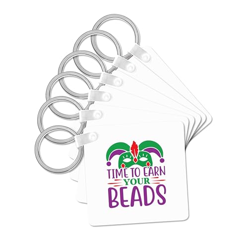 3dRose, Time to earn your beads purple, green text, funny Mardi Gras gift, set of 4 Key Chains