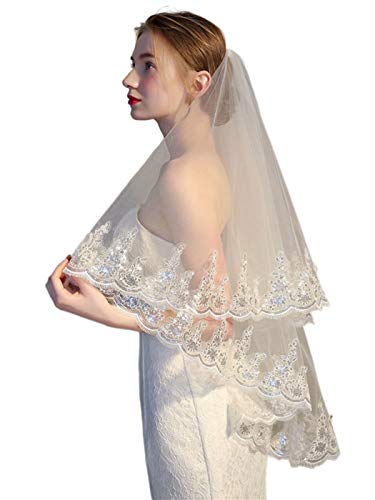 Bmirth Bride Fingertip Wedding Veils White Bridal Veils 2 Tiers Ivory Veils for Women Wedding with Flower Lace Edge and Comb (A-white) (Lace veil)
