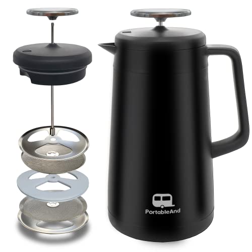 PortableAnd 963 ml Silikon French Press Kaffeemaschine, Doppelfiltersieb mit Silikonrand, doppelwandige, isolierte Kaffeepresse, mattschwarz für Camping & Picknick (mattschwarz) Cover