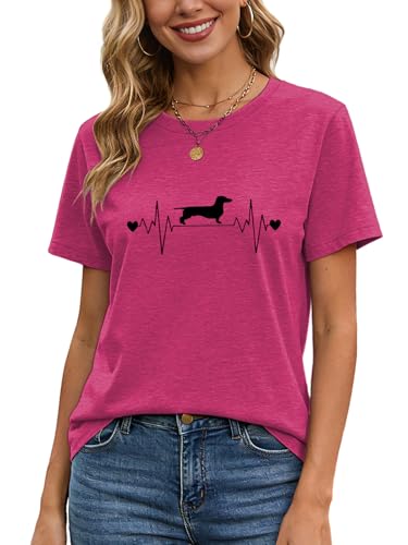 Women's Puppy ECG Heartbeat Graphic Tee - Short Sleeve Crew Neck T-Shirt, Funny Dog Lover Gift Top for Women, Pet Mom Apparel L Rose Purple