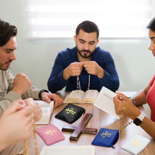 Image of Dansydaisy 4 Pcs Rosary Pouch Catholic with Gold Cross PU Leather Rosary Case for Women and Men Coin Purses Holder Zipper Bag for Travel Christmas, 4 Colors (Classic Colors,Chi Rho)